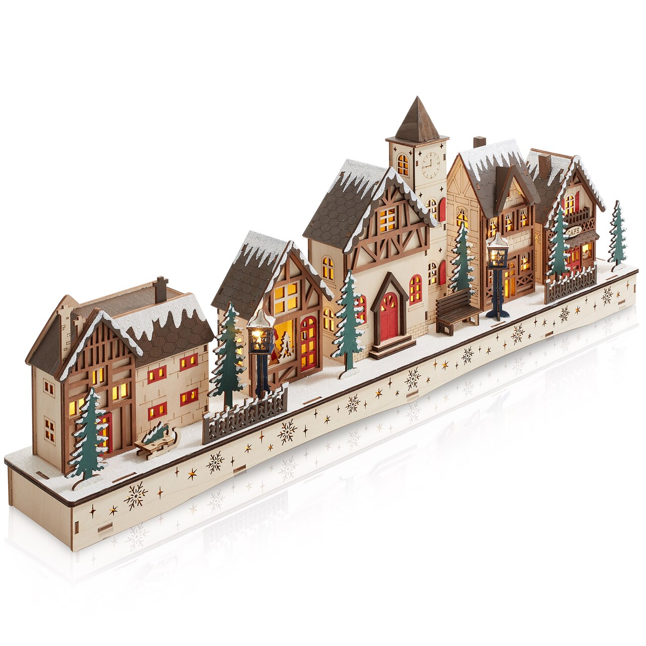 Casafield Pre-Lit Wooden Christmas Village - Miniature LED Light-Up Traditional Winter Holiday Decoration for Home, Mantel and Tabletop